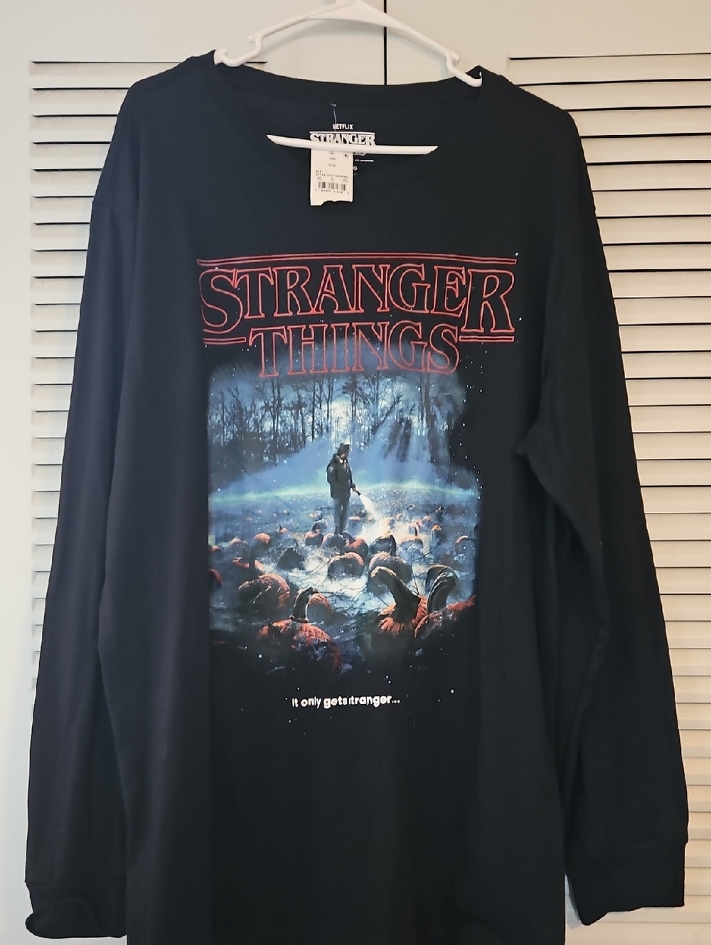 Netflix Stranger Things Black Long Sleeve Graphic Tee with Red & Blue Print